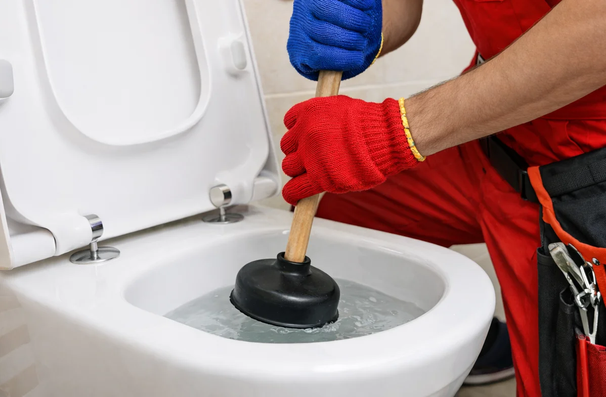 Plumber installing a modern toilet in a clean bathroom